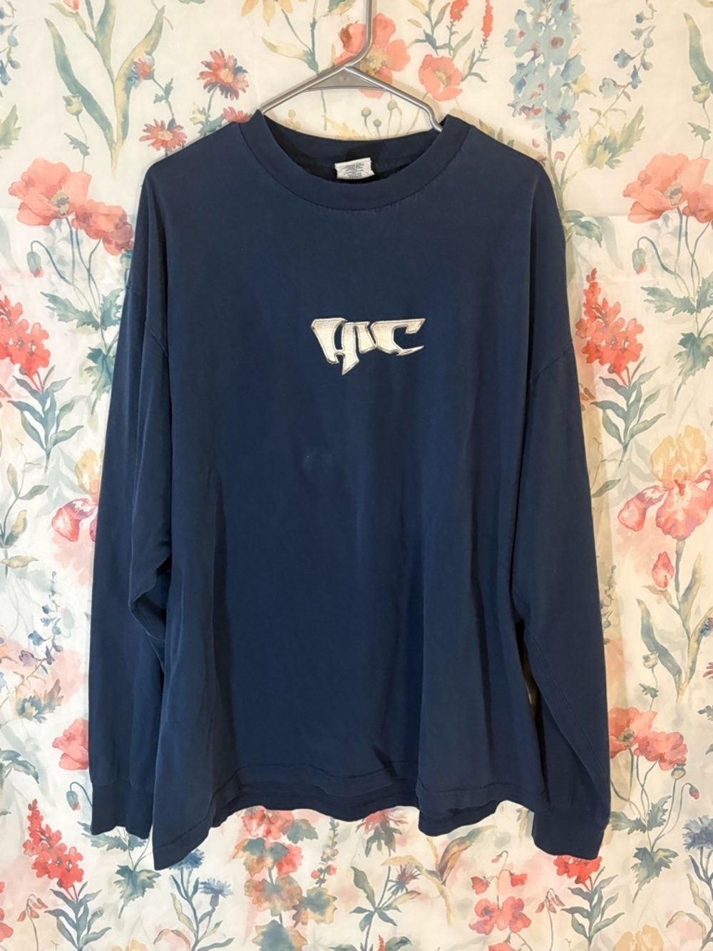 Vintage Navy Blue Long Sleeve Tee with White Chest Logo